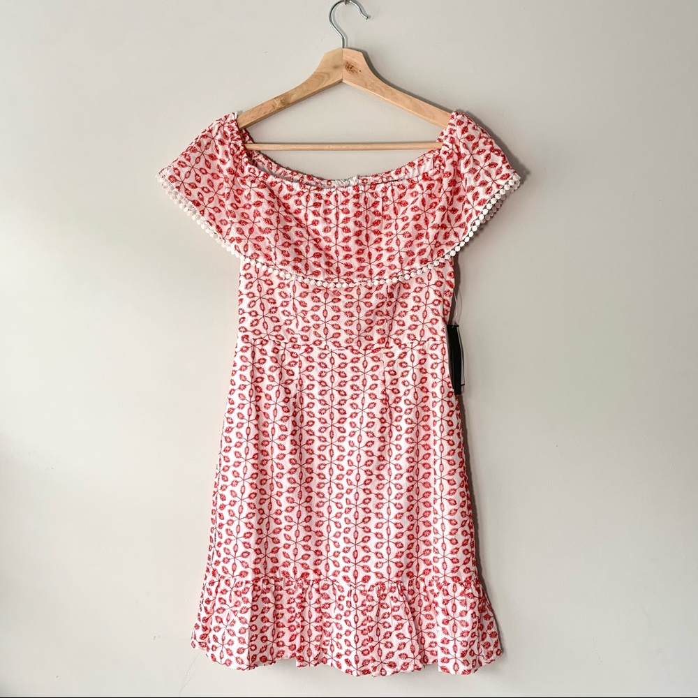 City Vibe Eyelet Off Shoulder Dress